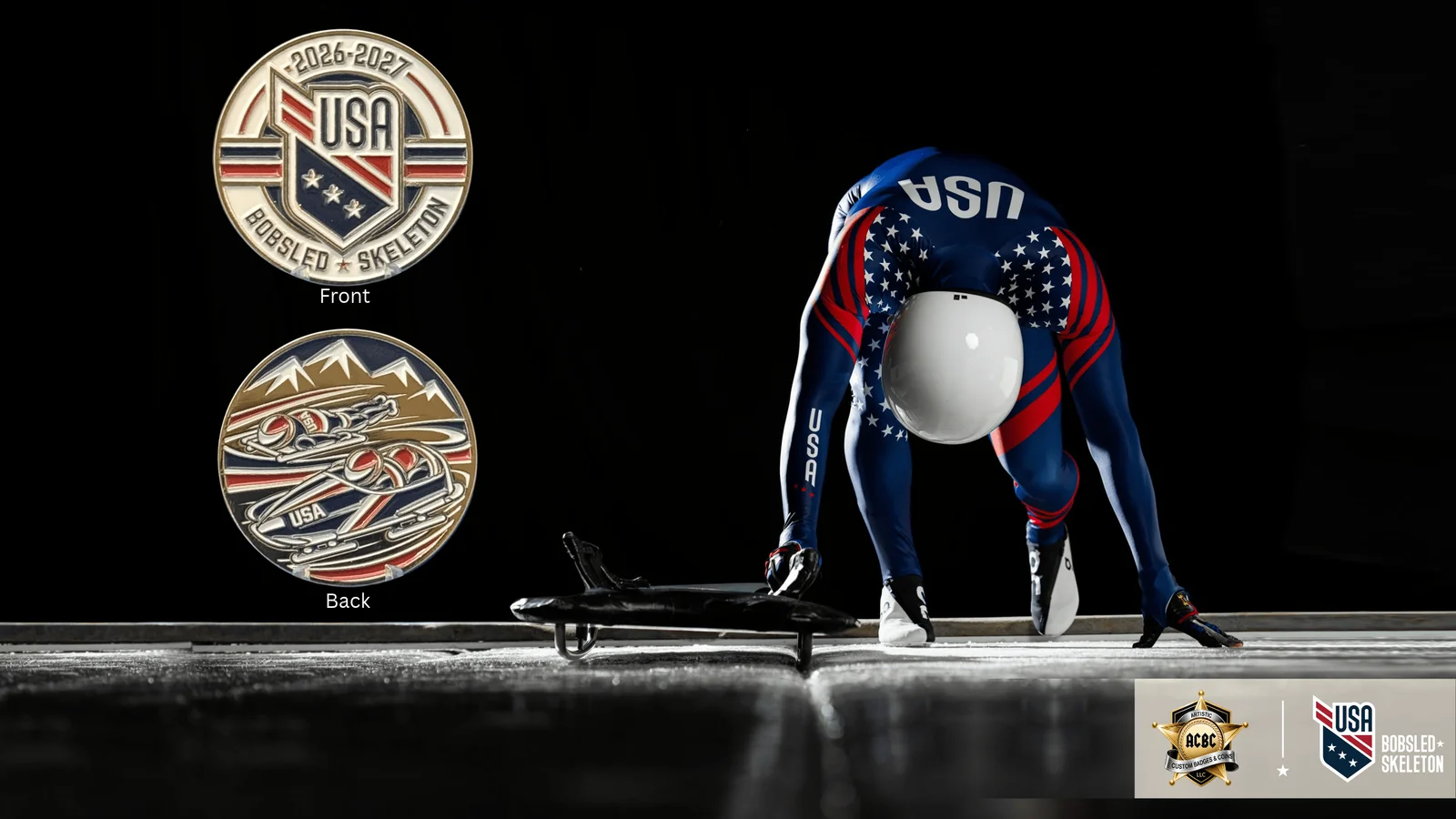 Front and back of the 2026–27 USA Bobsled/Skeleton commemorative coin beside a skeleton athlete preparing to start